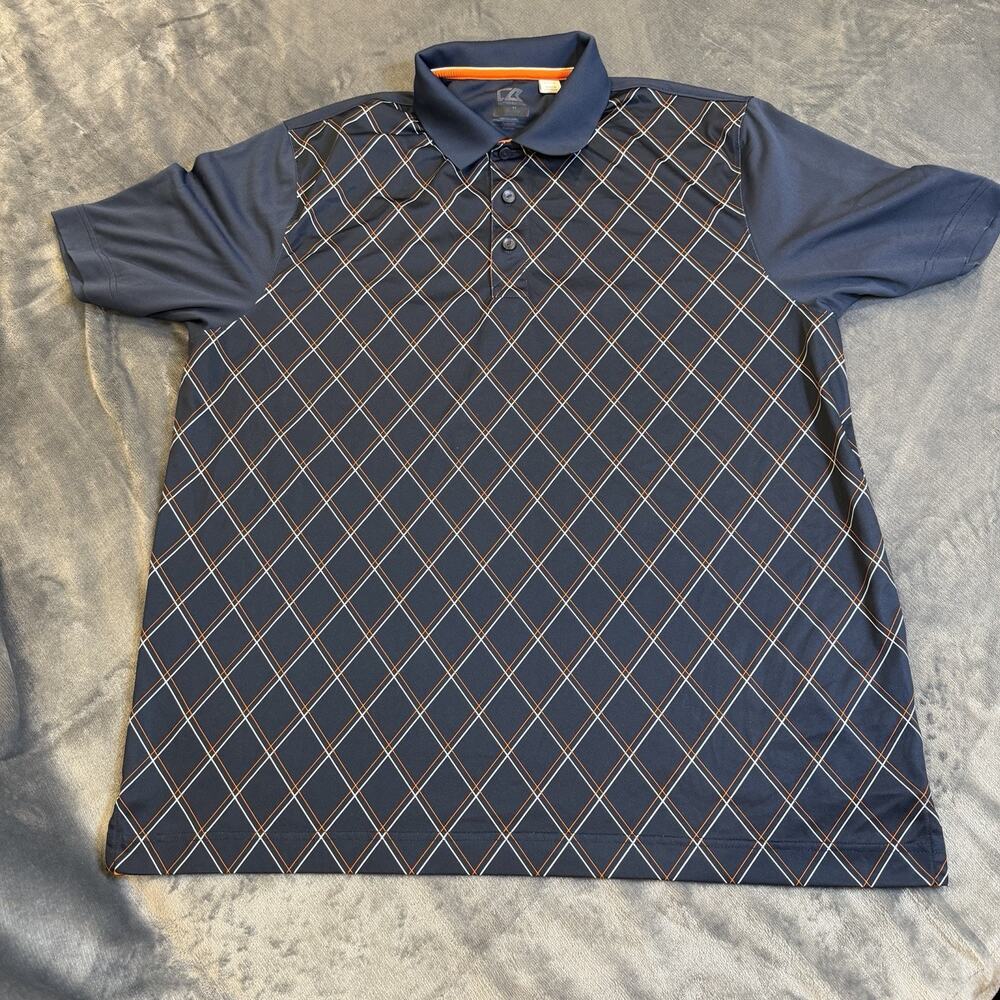 Cutter & Buck Men XL Golf Polo Shirt DryTec Diamond Grid Twisted Oaks Navy Blue